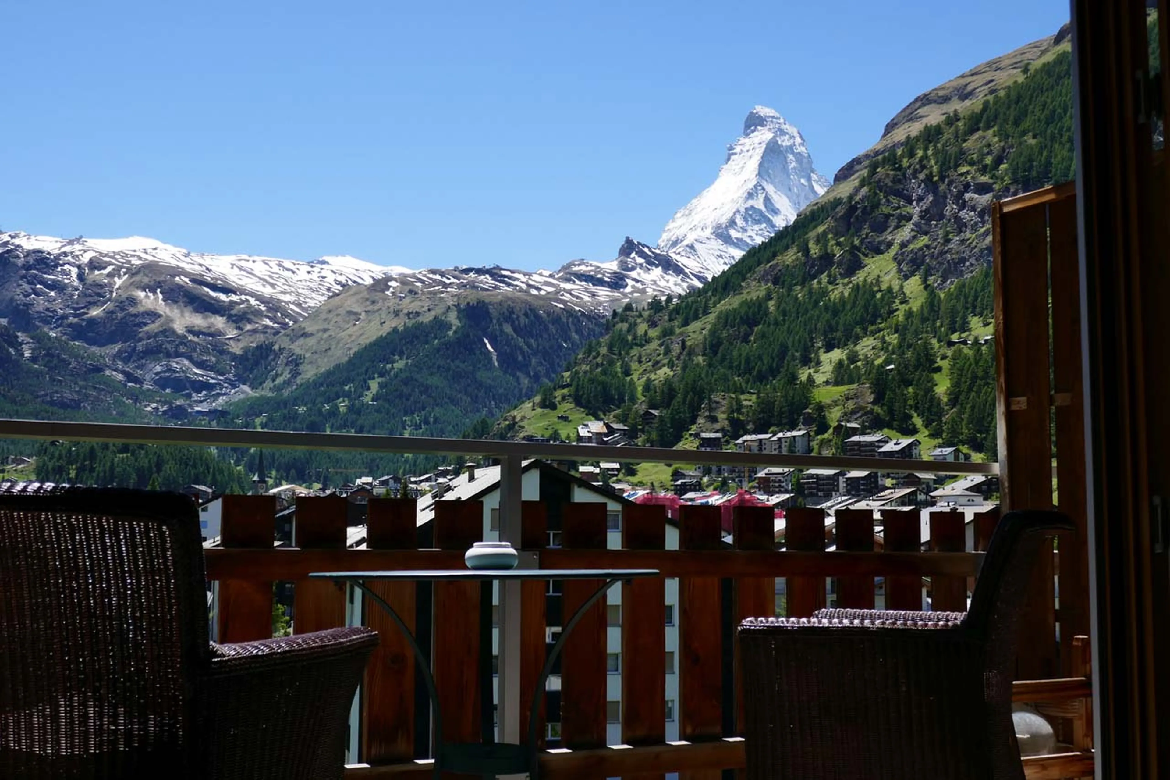 Balcony with view of Matterhorn at Penthouse Zeus in Zermatt