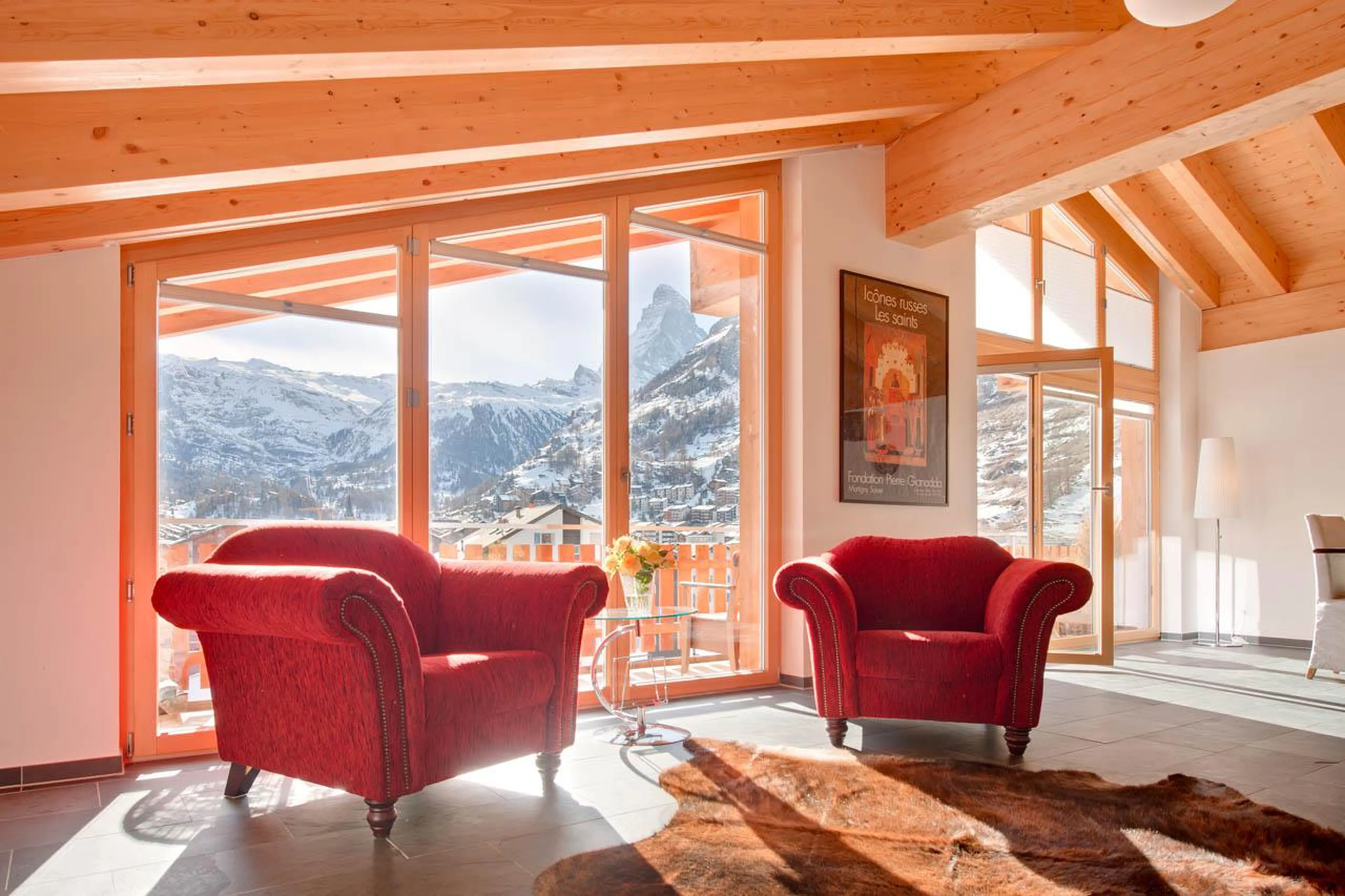 View of Matterhorn from living area at Chalet Zeus in Zermatt