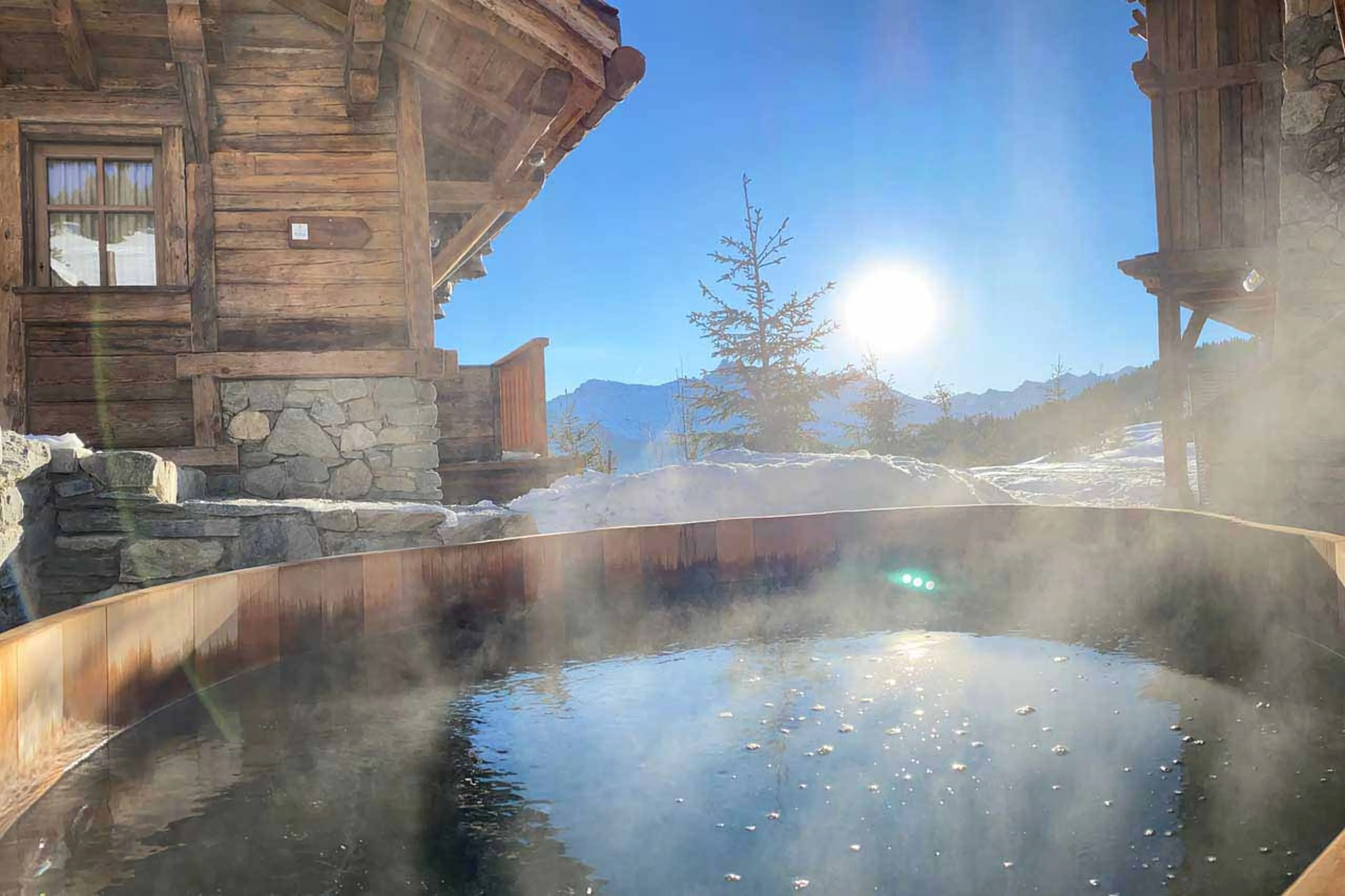 Steaming hot tub at Refuge de la Traye in Meribel