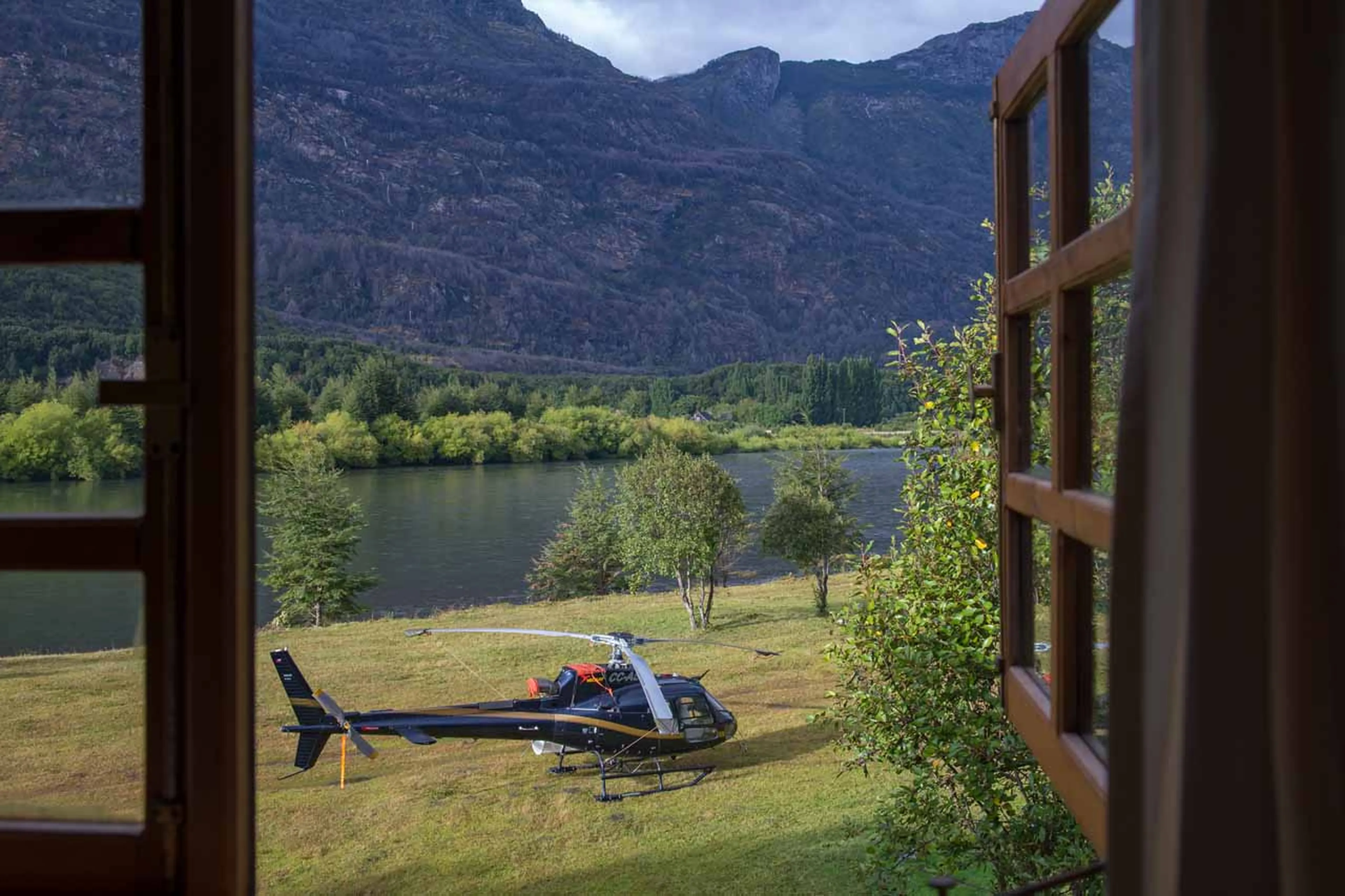 Helicopter view of Rio Palena Lodge in Patagonia