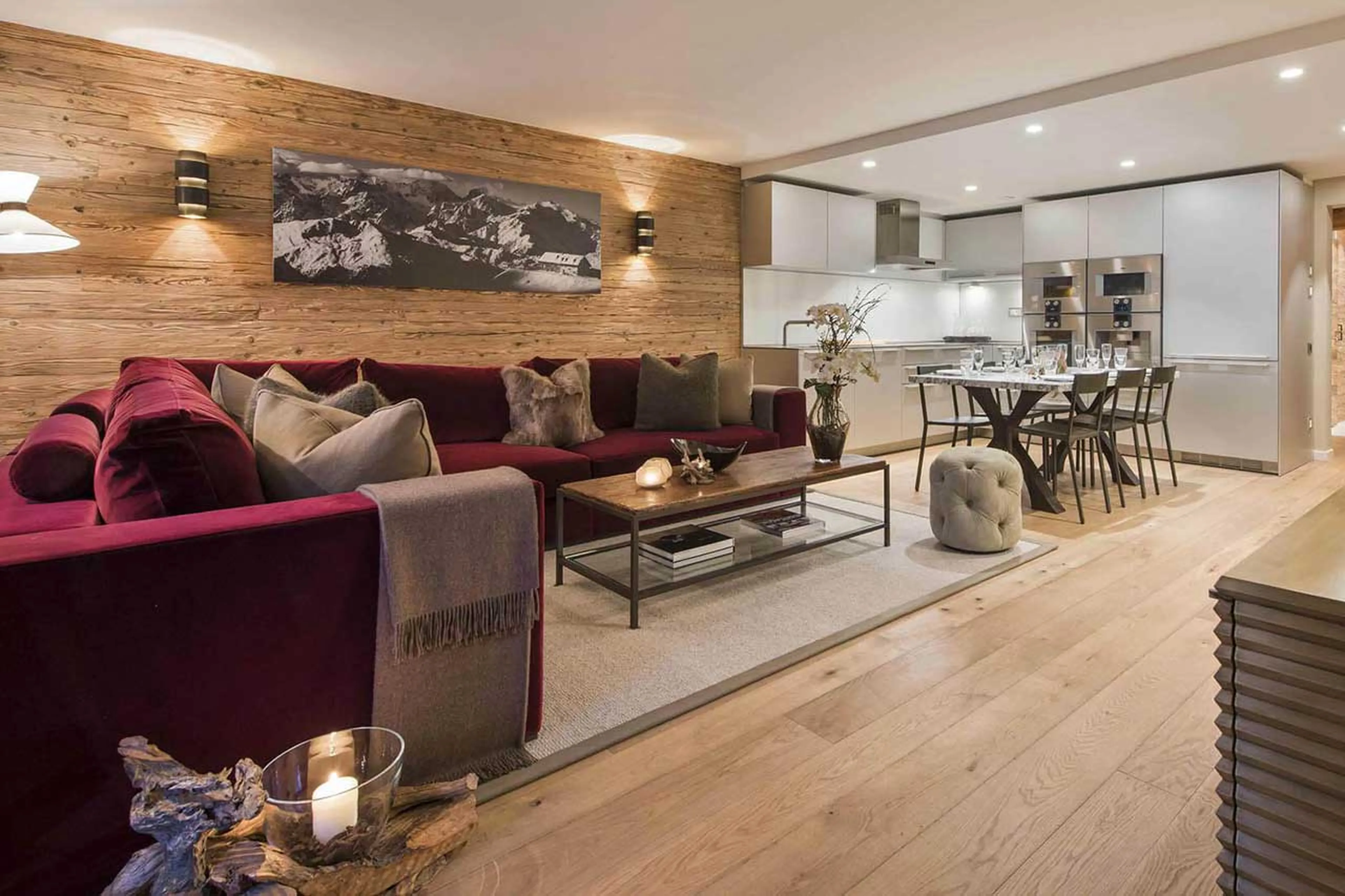 Open plan living area in Rosalp 3 in Verbier