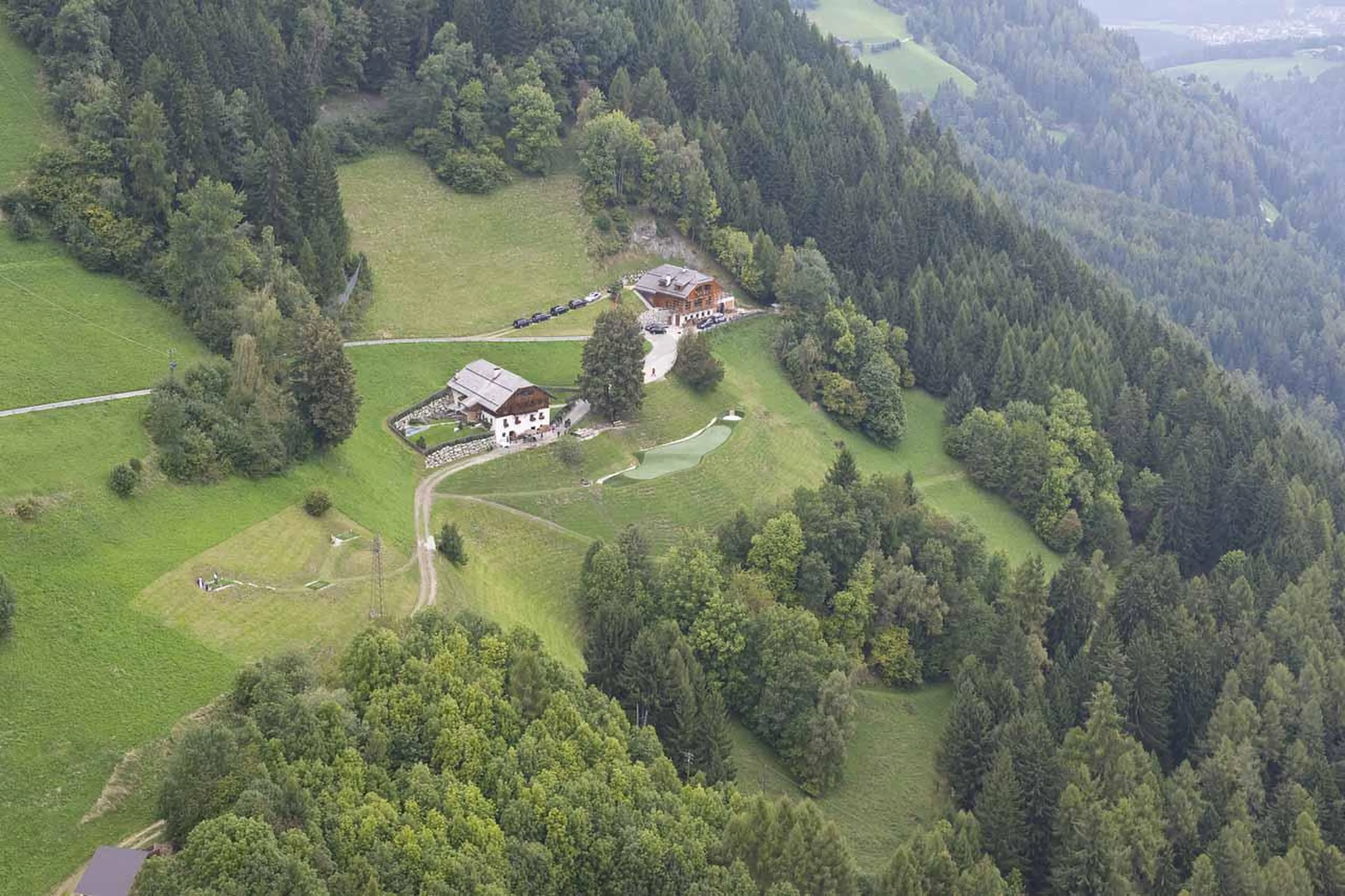 Aerial view of San Lorenzo Lodge in Kronplatz in summer