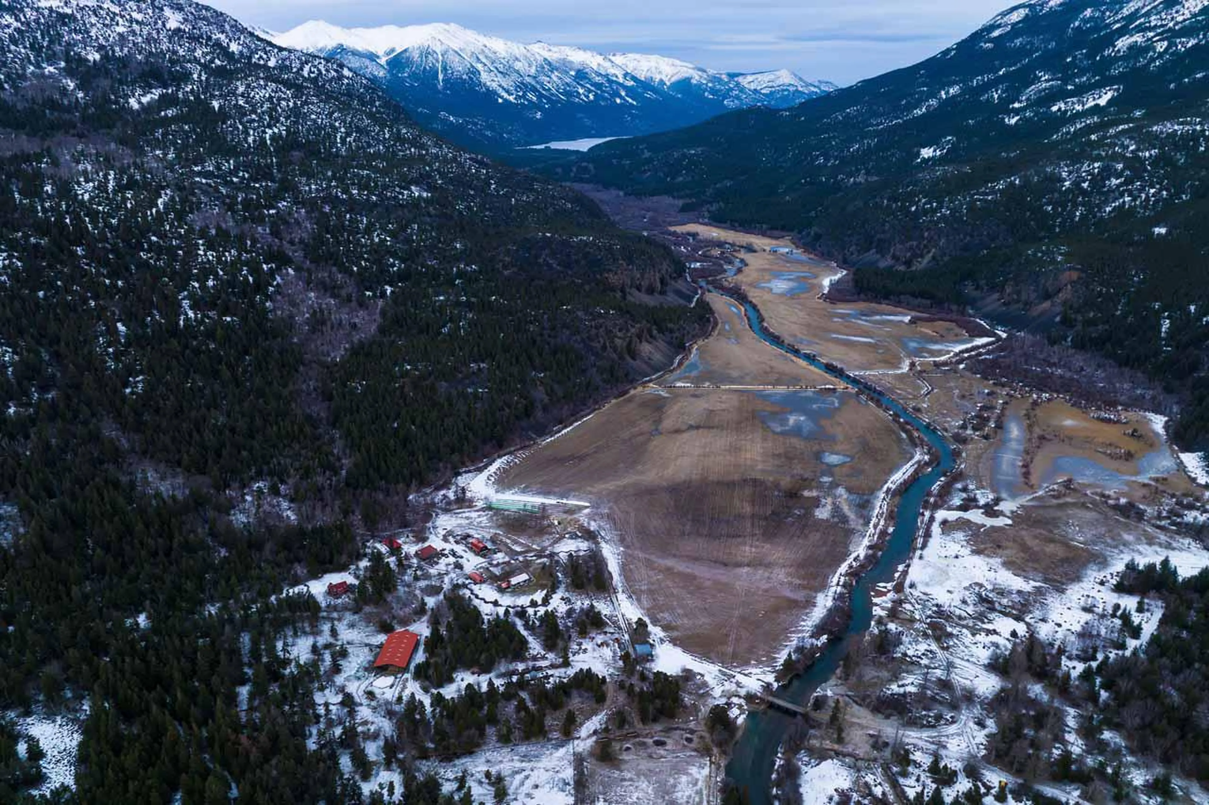 Aerial view of Sand Creek Ranch in Bella Coola