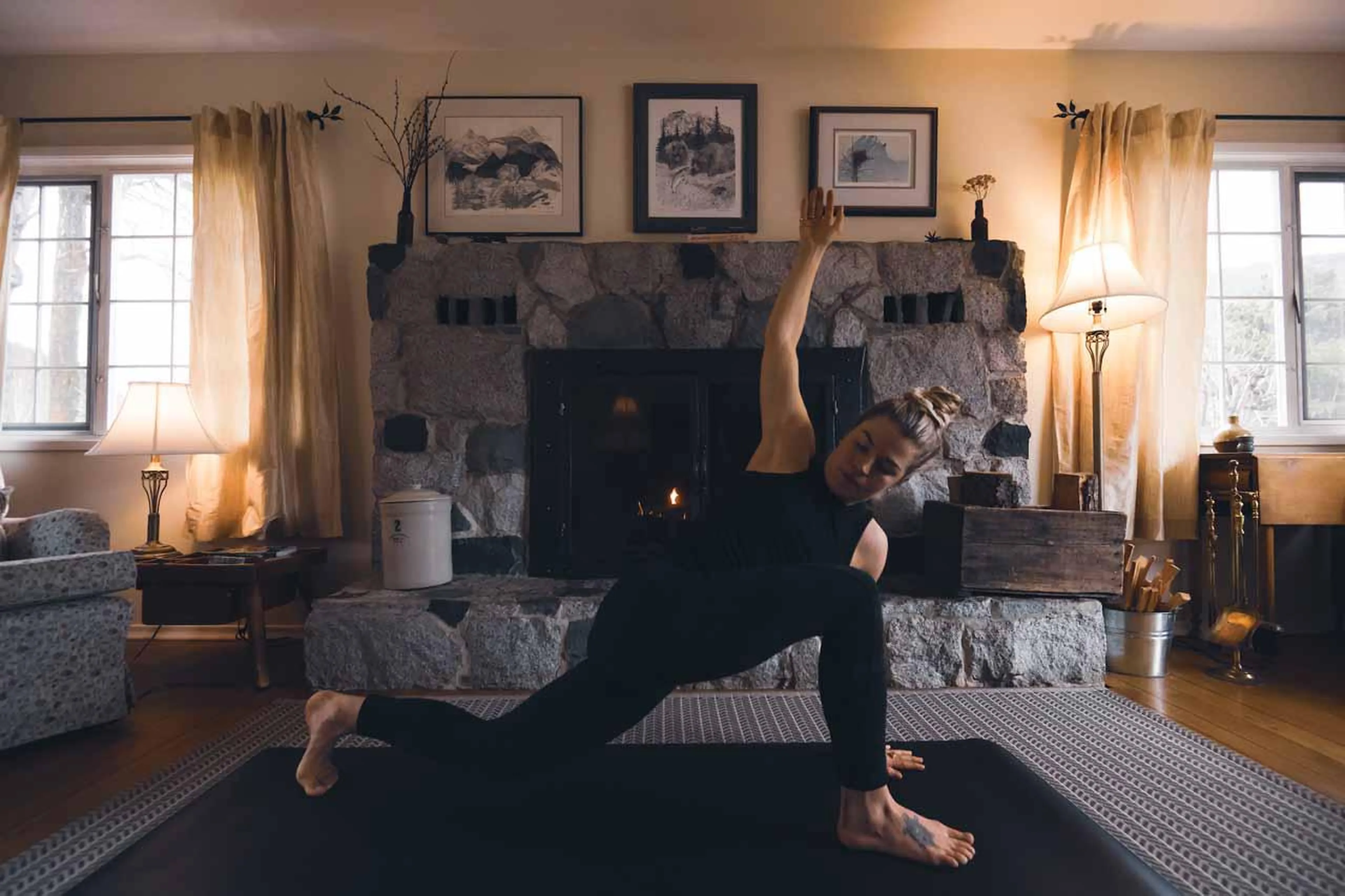 Yoga in living area of Sand Creek Ranch in Bella Coola