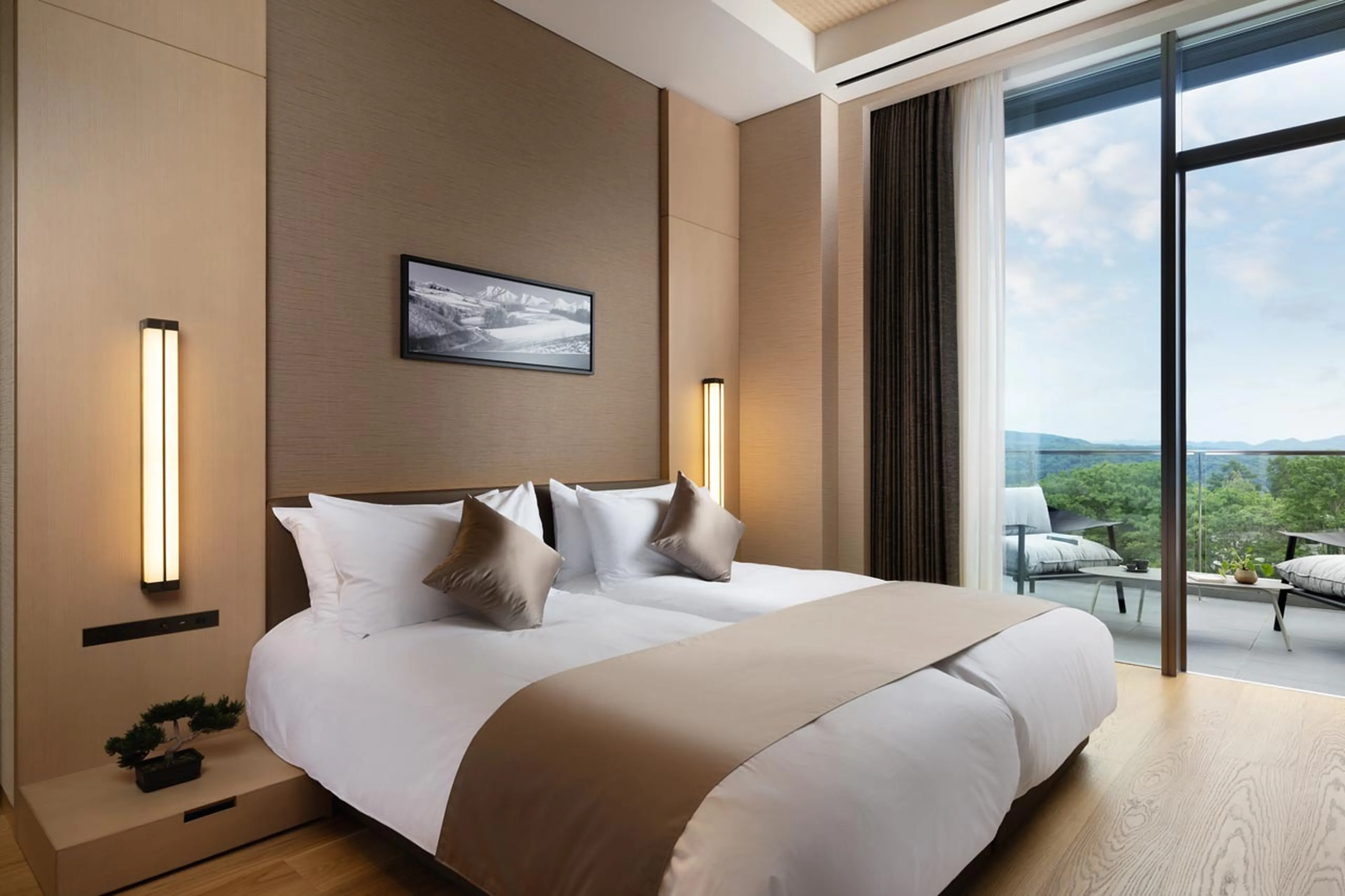 Bedroom with view of Mount Yotei at Setsu Penthouse in Niseko