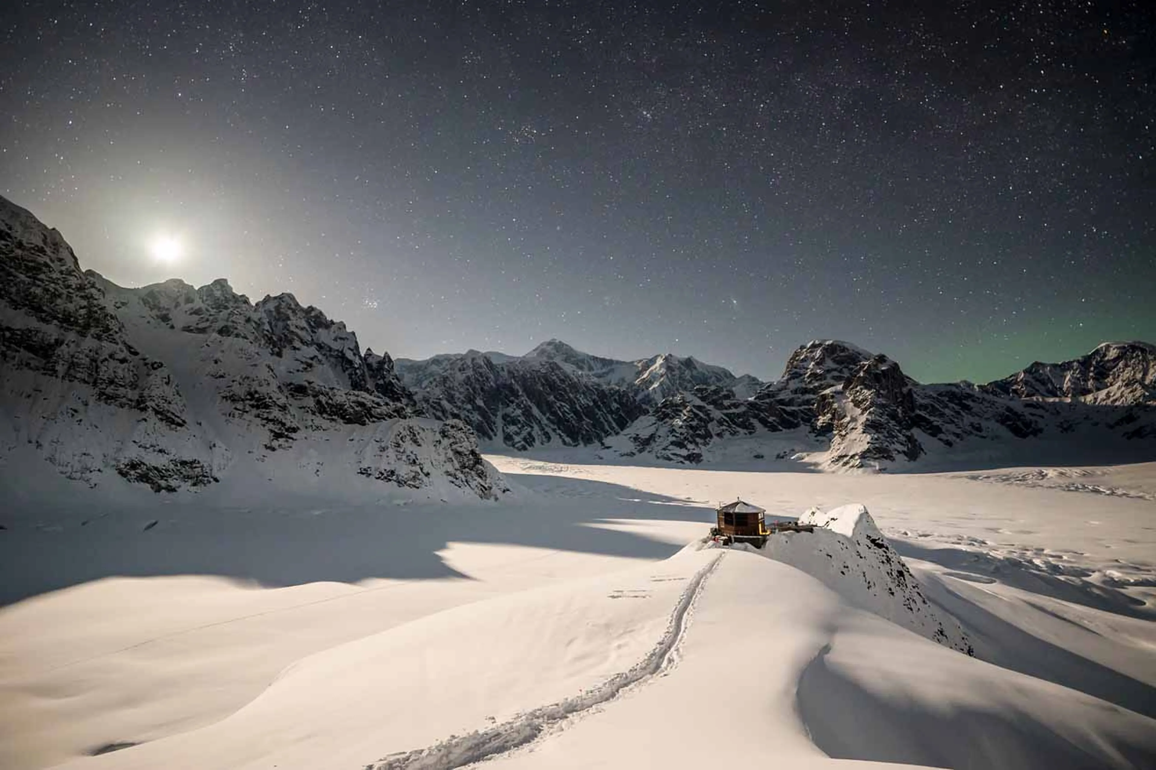 Exterior of Sheldon Chalet in Alaska at night