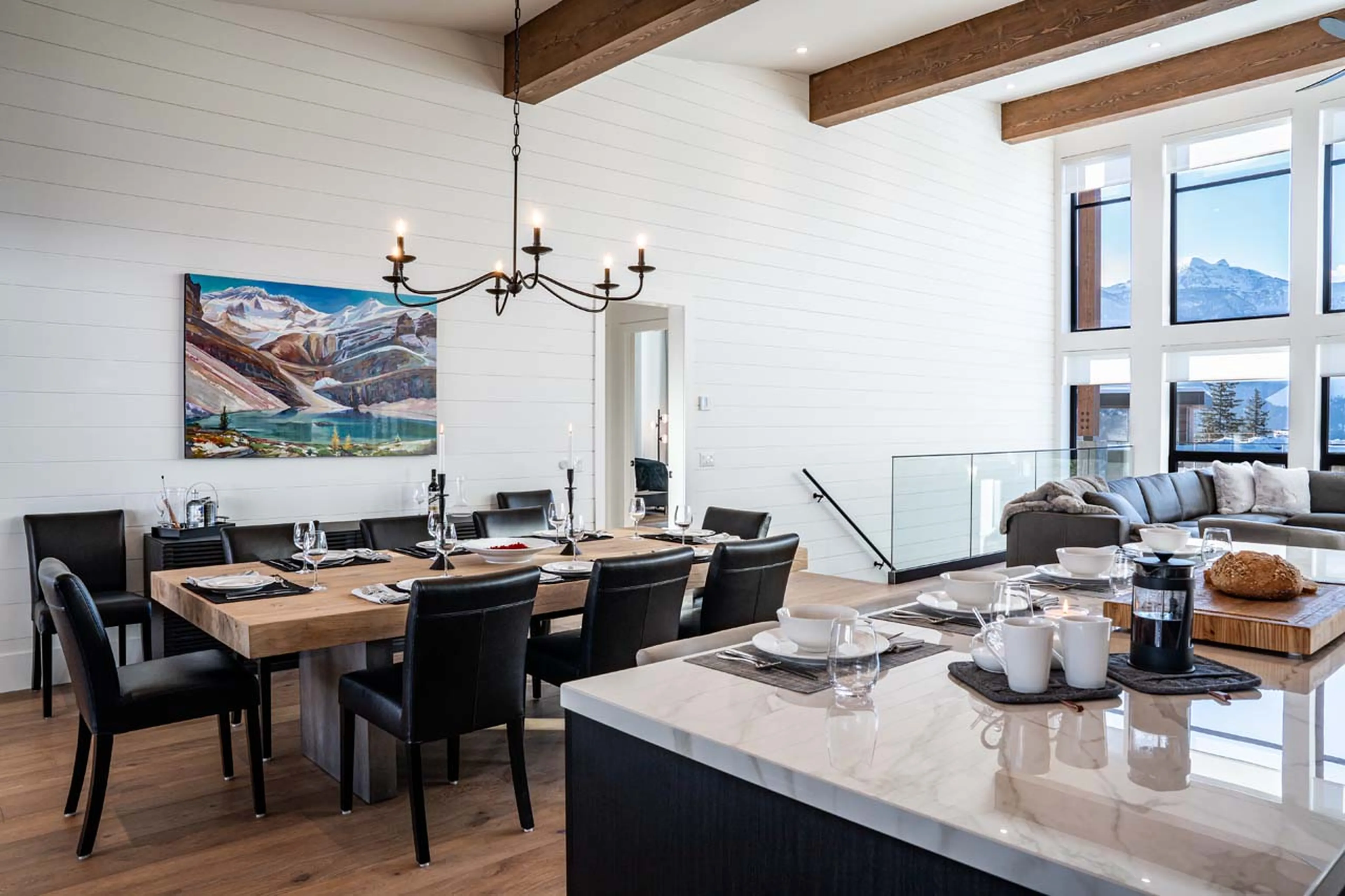 Kitchen island and dining table in Sitka Spruce Mountain, Revelstoke