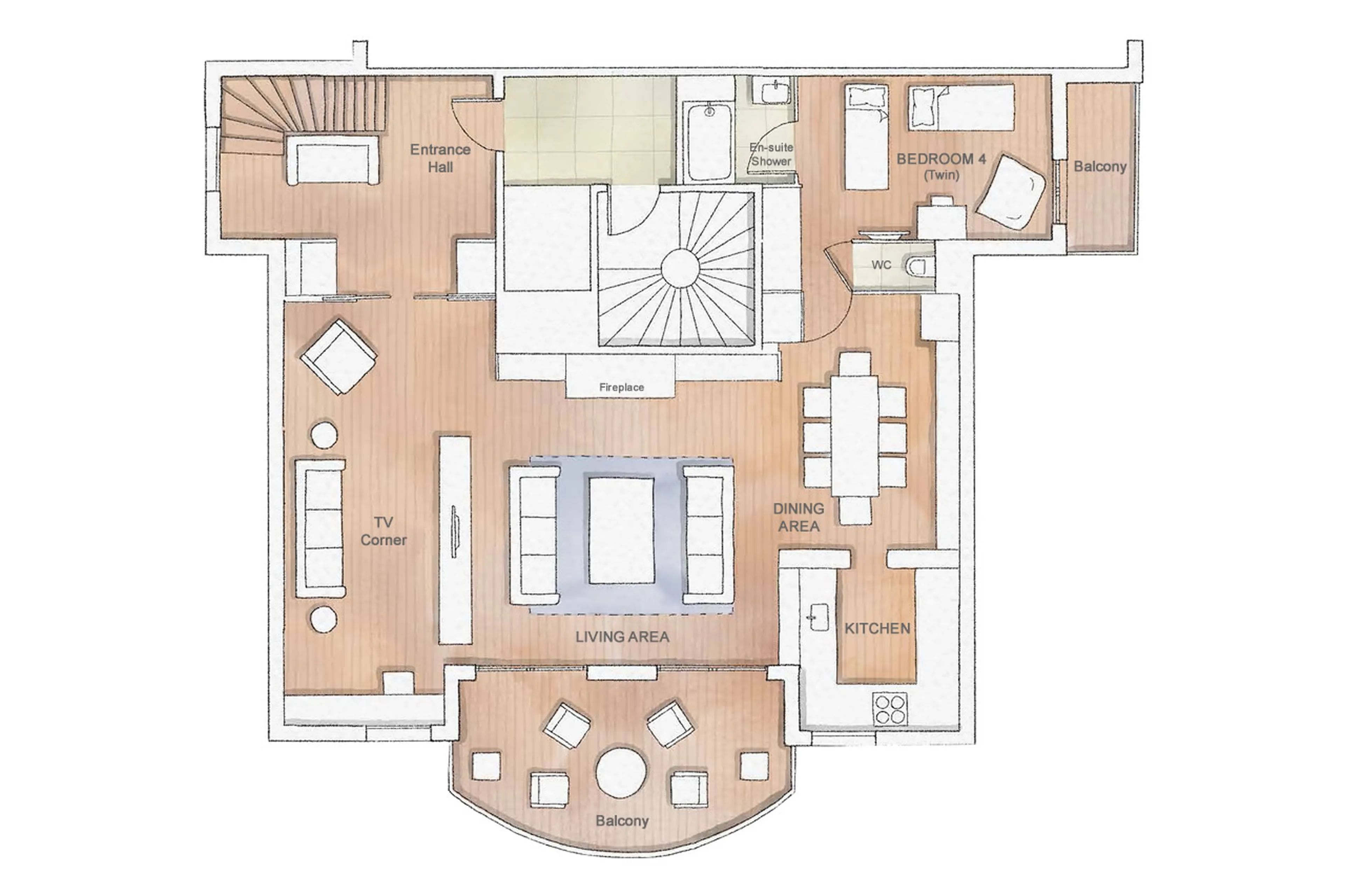 Upper level floor plan of Apartment Six Senses 4