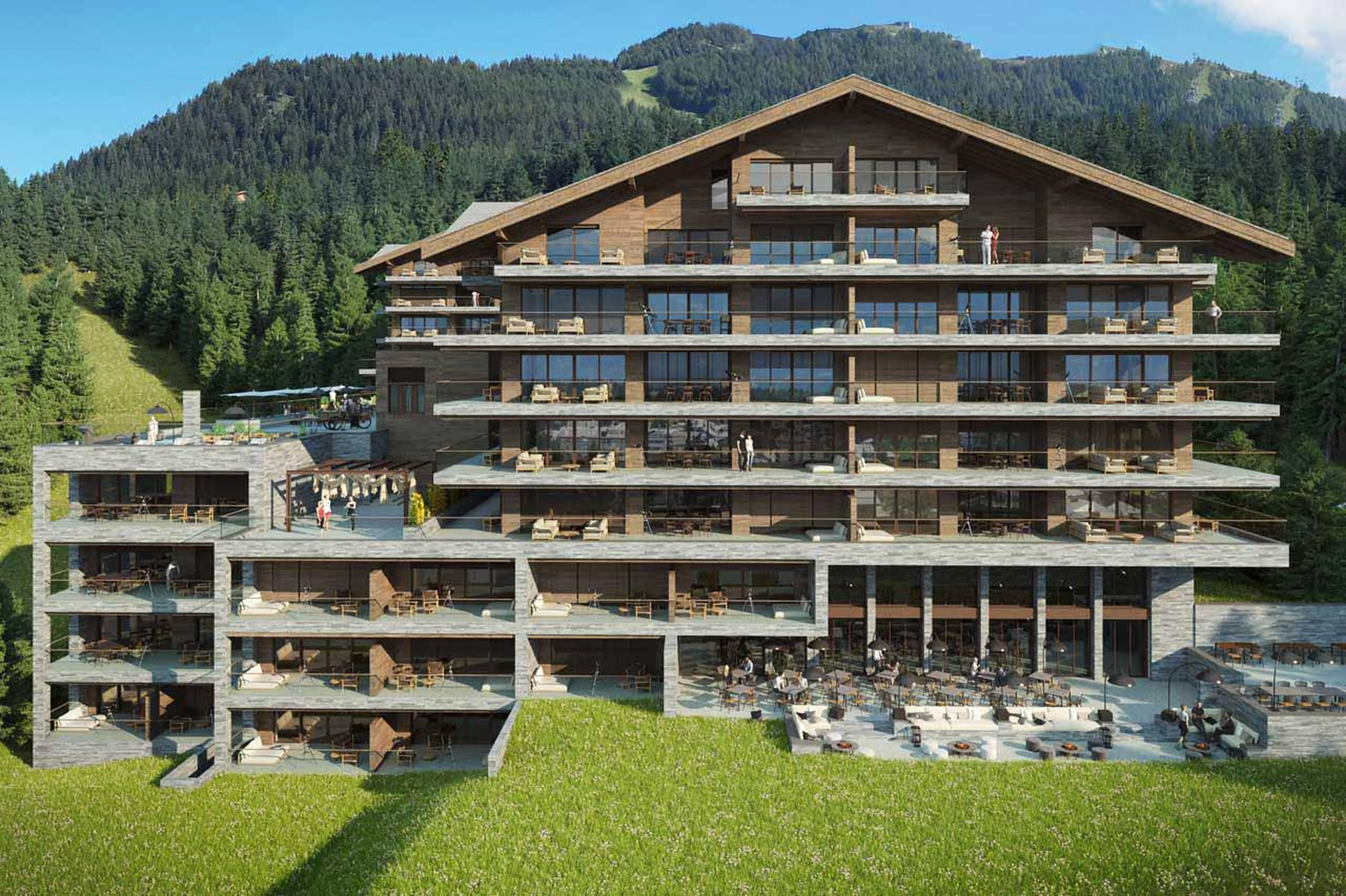 Exterior of Six Senses Crans Montana in summer