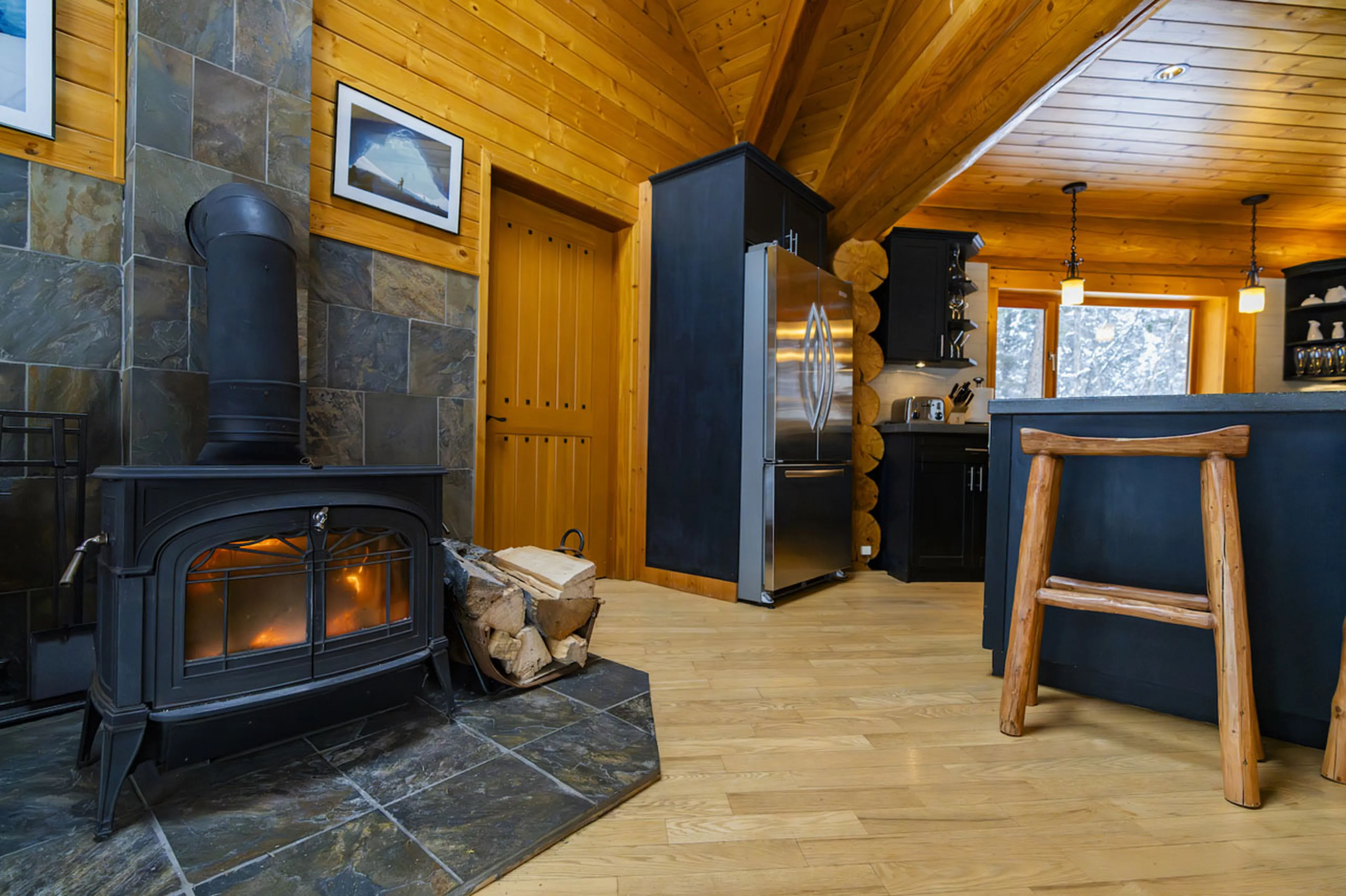 Wood burning stove at Spirit Bear Lodge in South Chilcotin, British Columbia