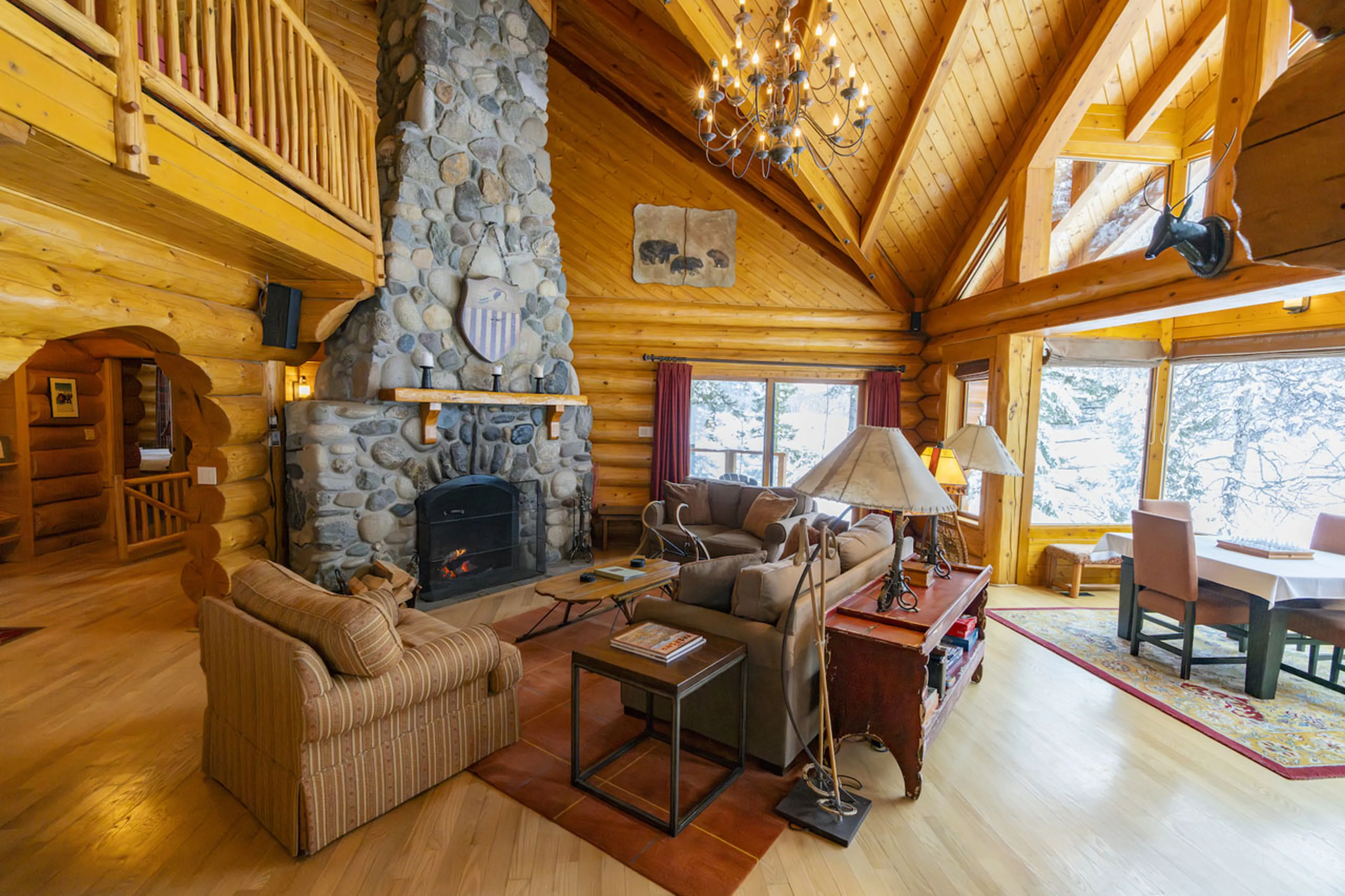 River rock fireplace at Spirit Bear Lodge in South Chilcotin, British Columbia