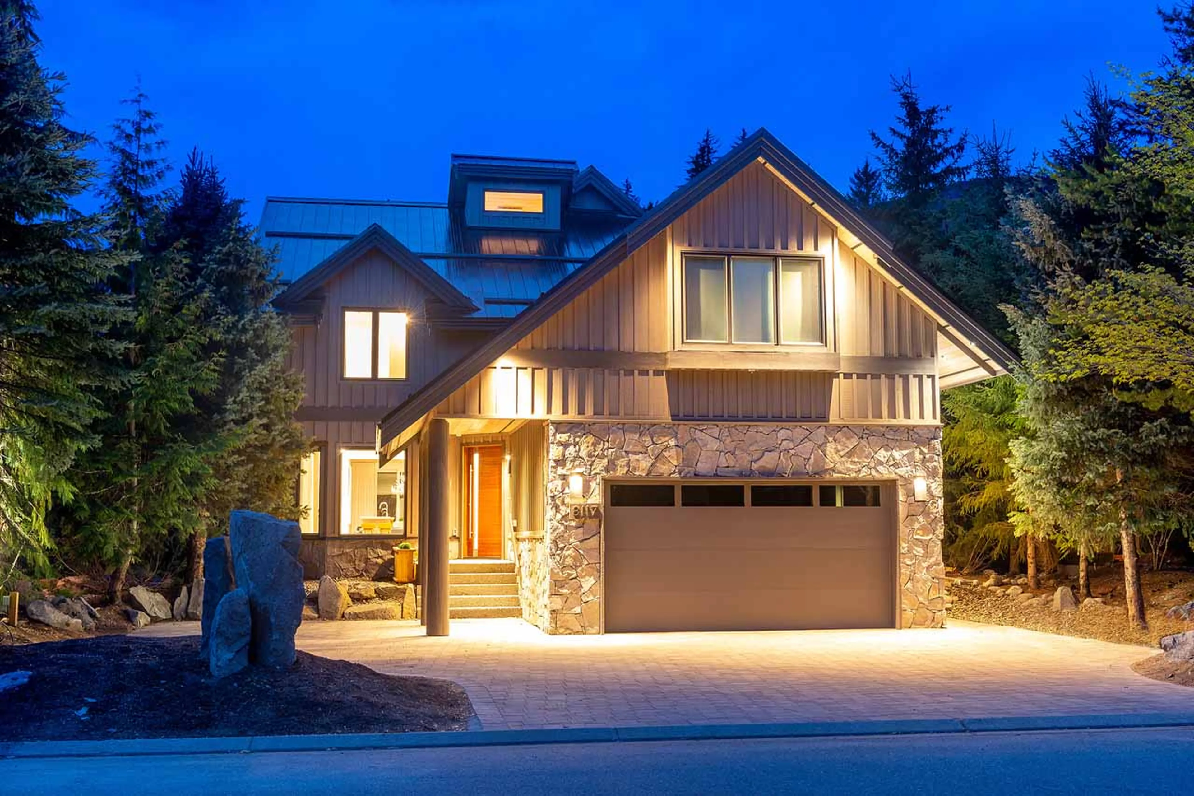 Exterior at night of Chalet Stellar Jay in Whistler