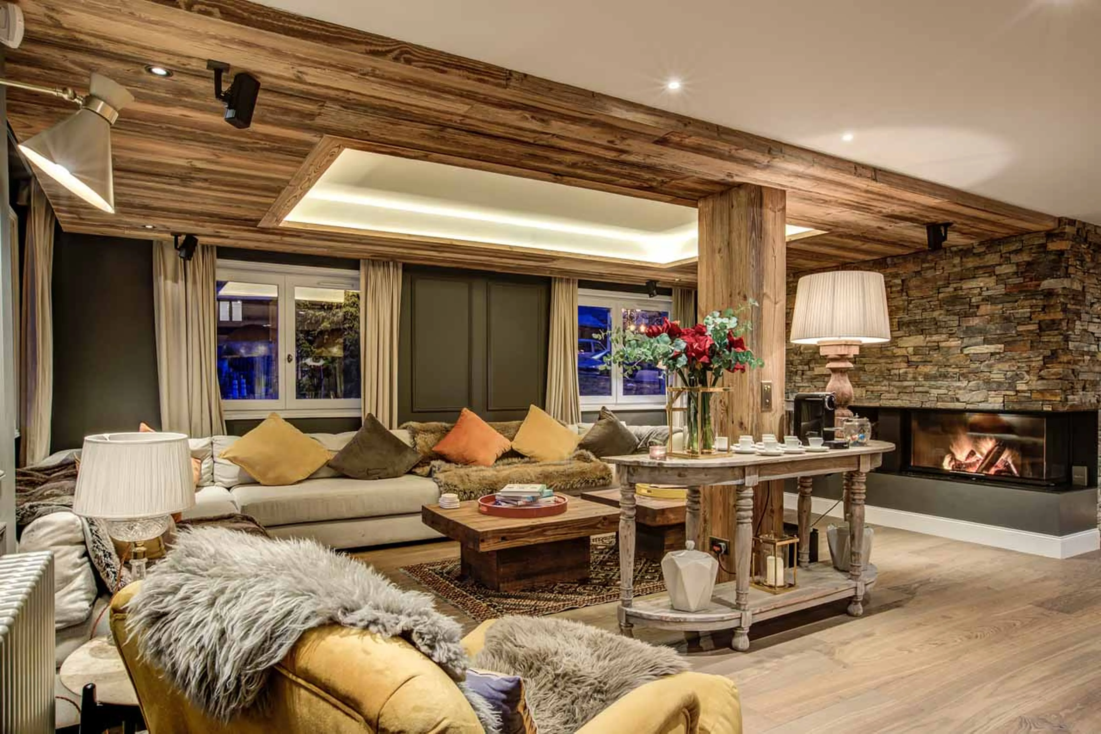 Fireplace in living room of The Lightbowne in Meribel