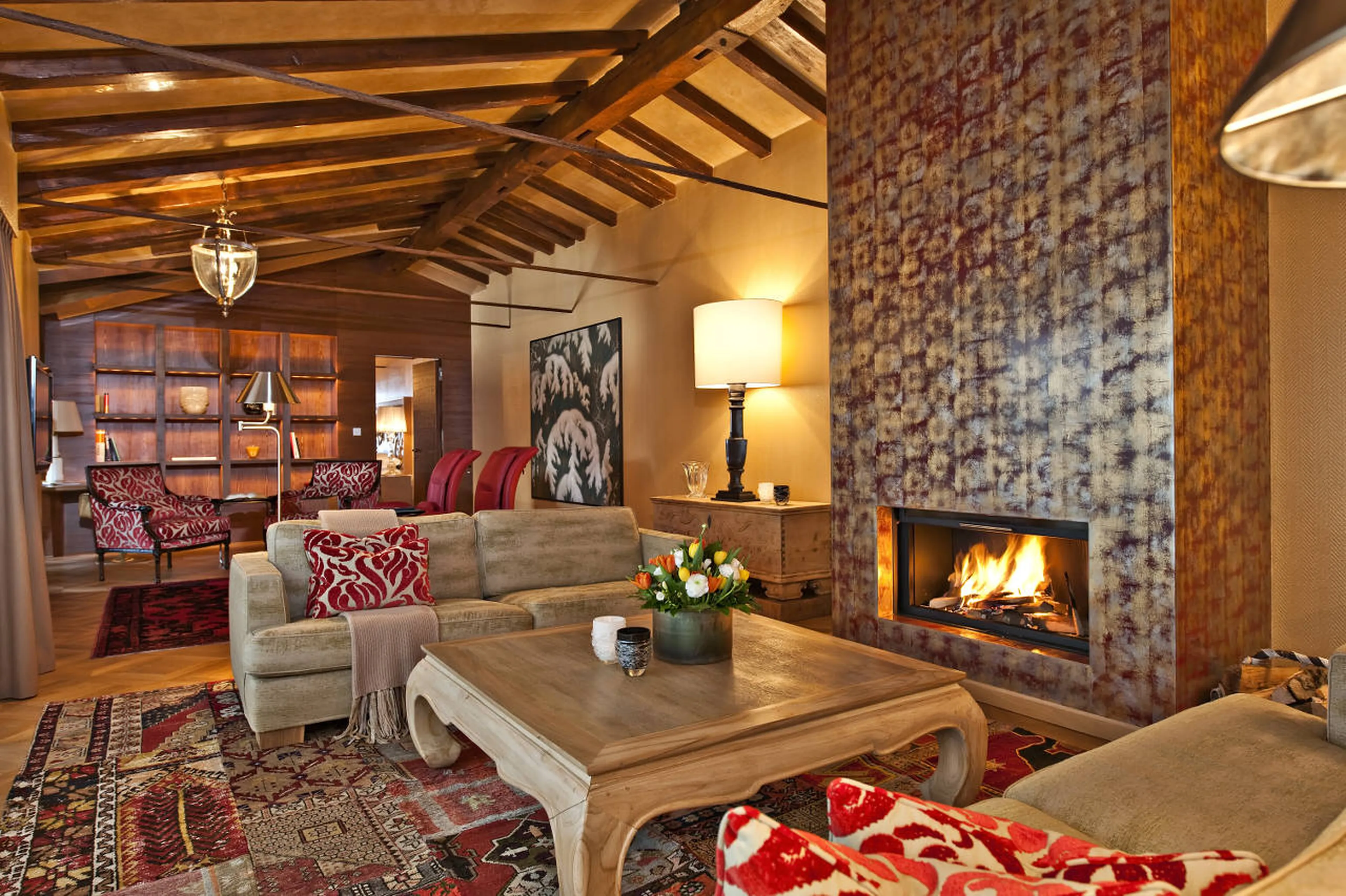 Fireplace in living area of The Penthouse in St Moritz