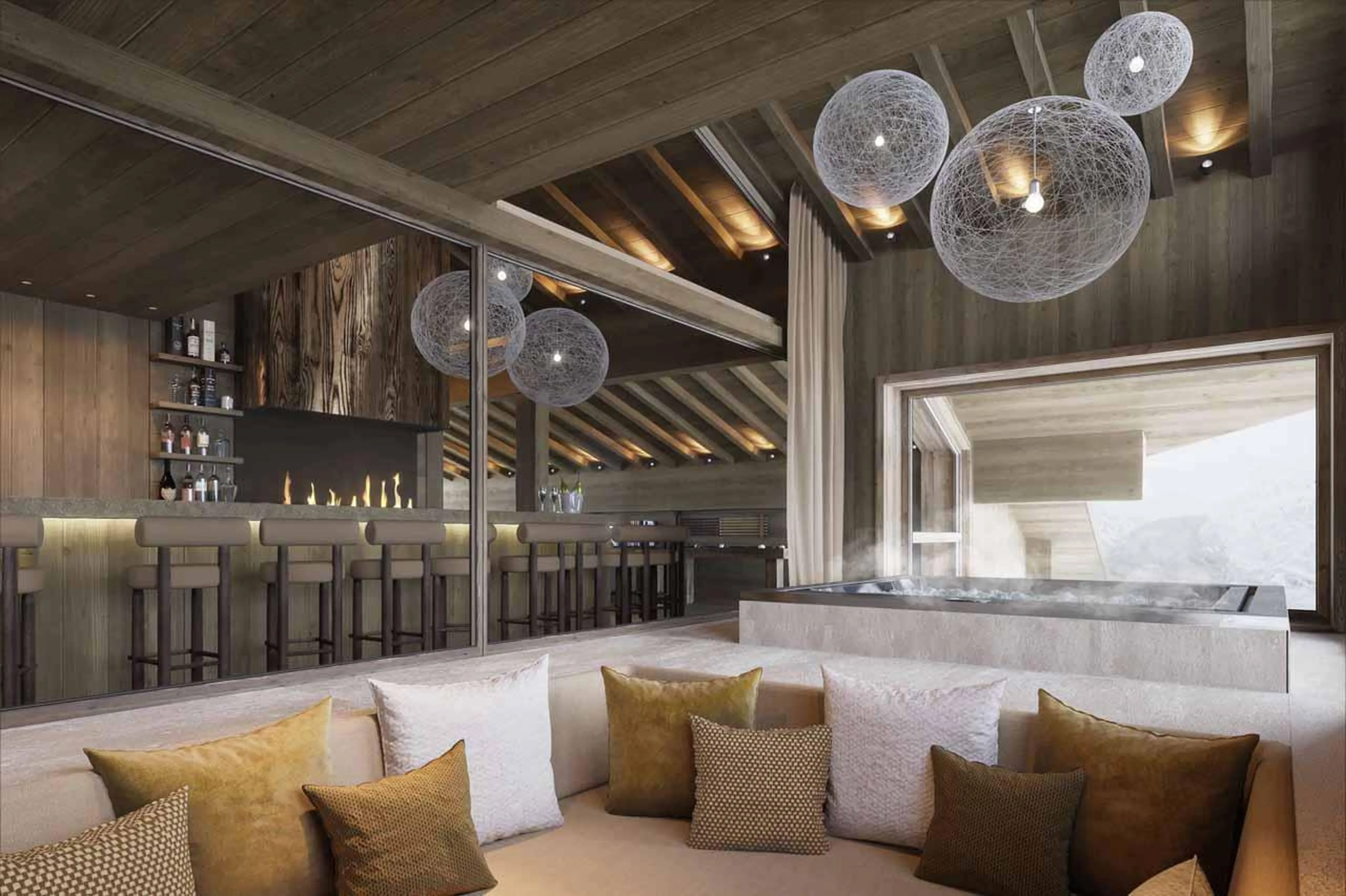 Sofa and professional bar in Atmosphere Penthouse, Courchevel 1850