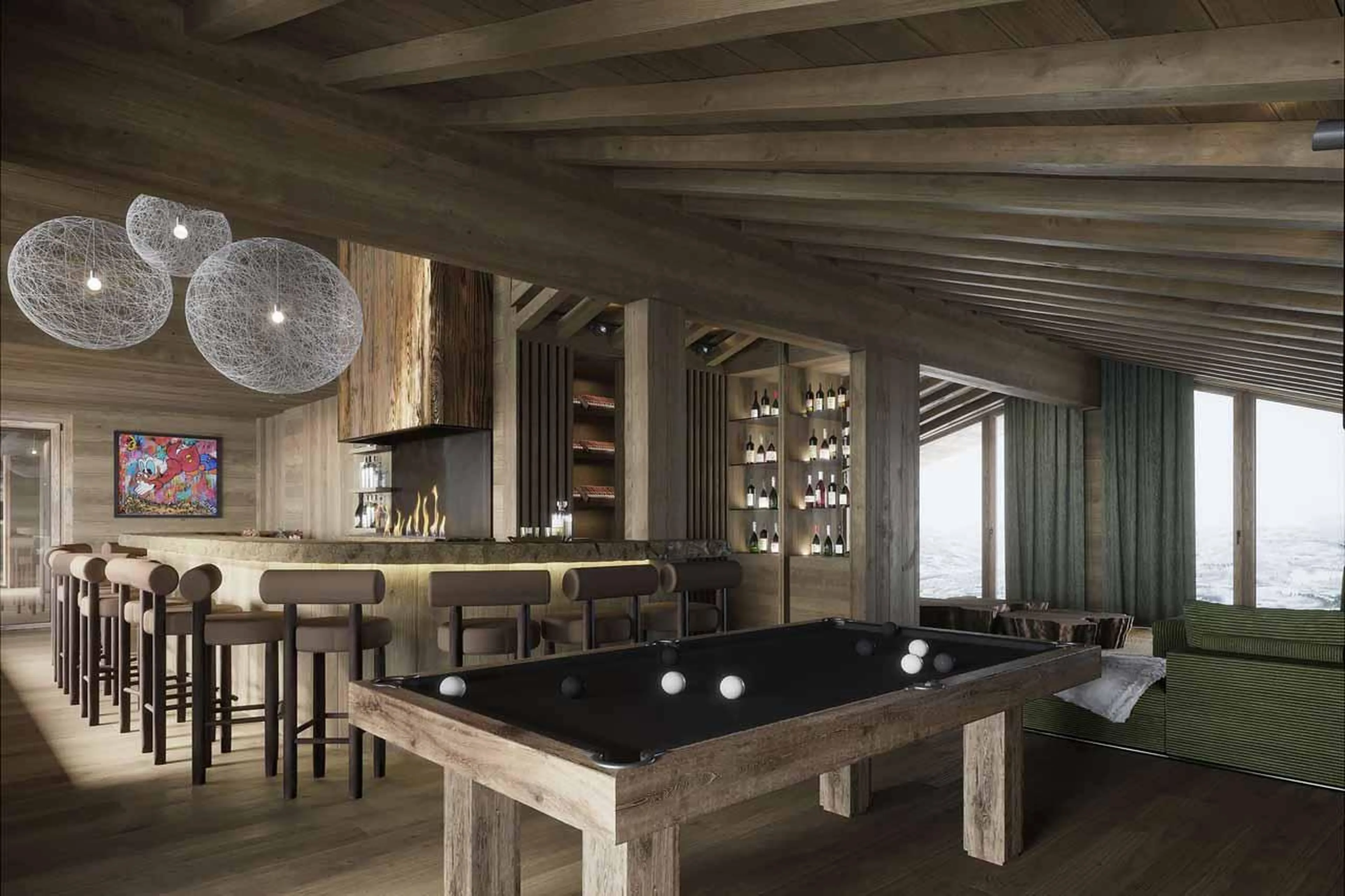 Pool table and professional bar in Atmosphere Penthouse, Courchevel 1850
