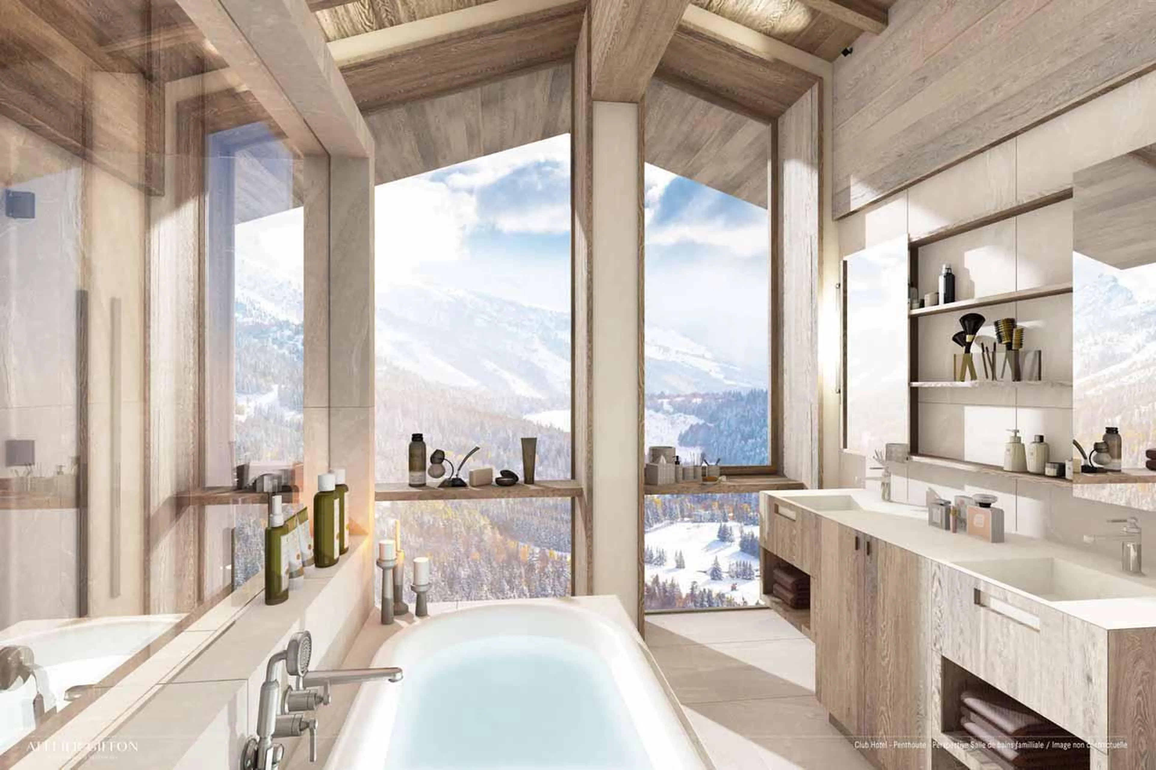 En-suite bathroom with expansive vaulted windows in Atmosphere Penthouse, Courchevel 1850