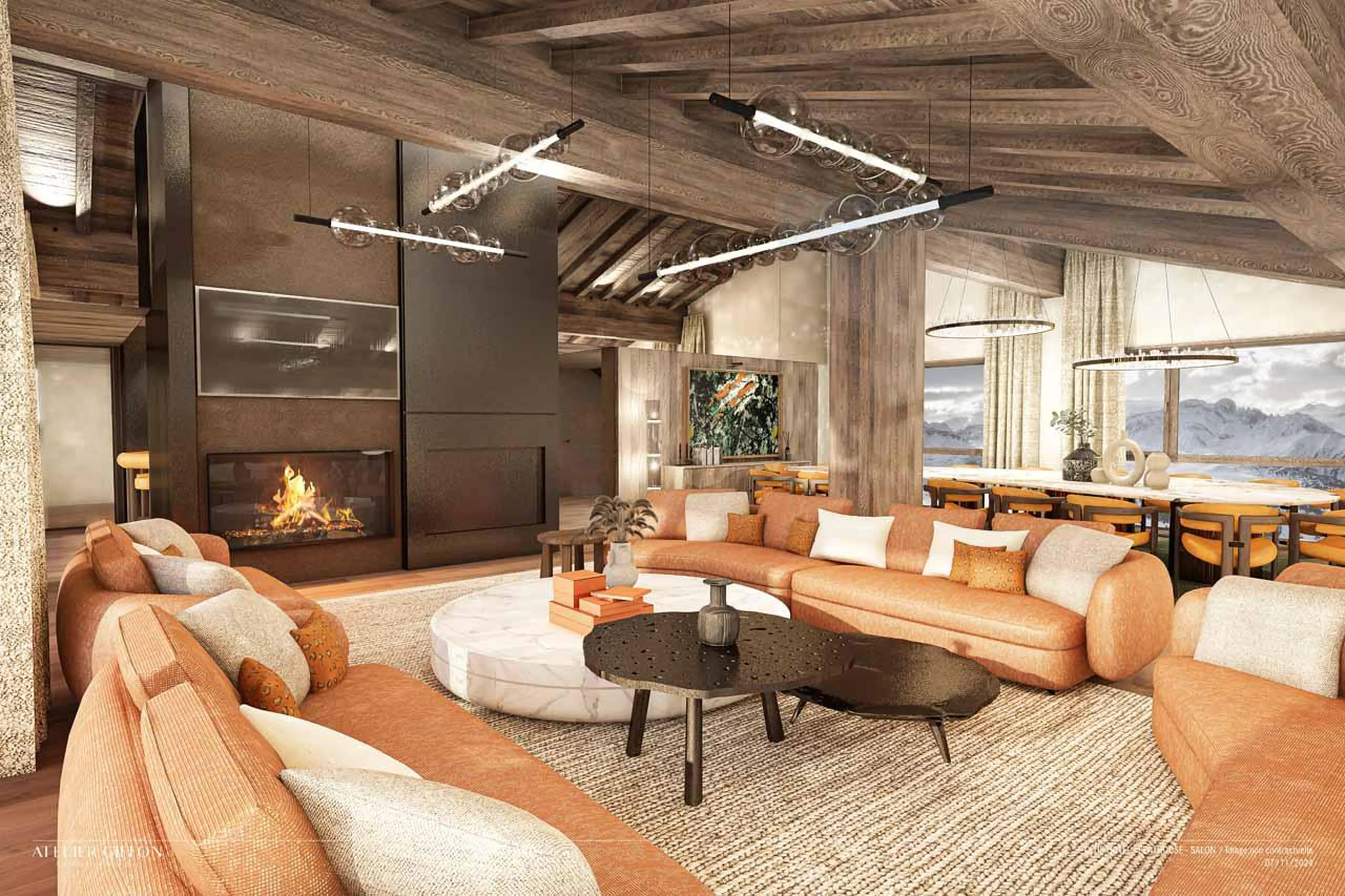 Open-plan living area with sofas in front of fireplace in Atmosphere Penthouse, Courchevel 1850