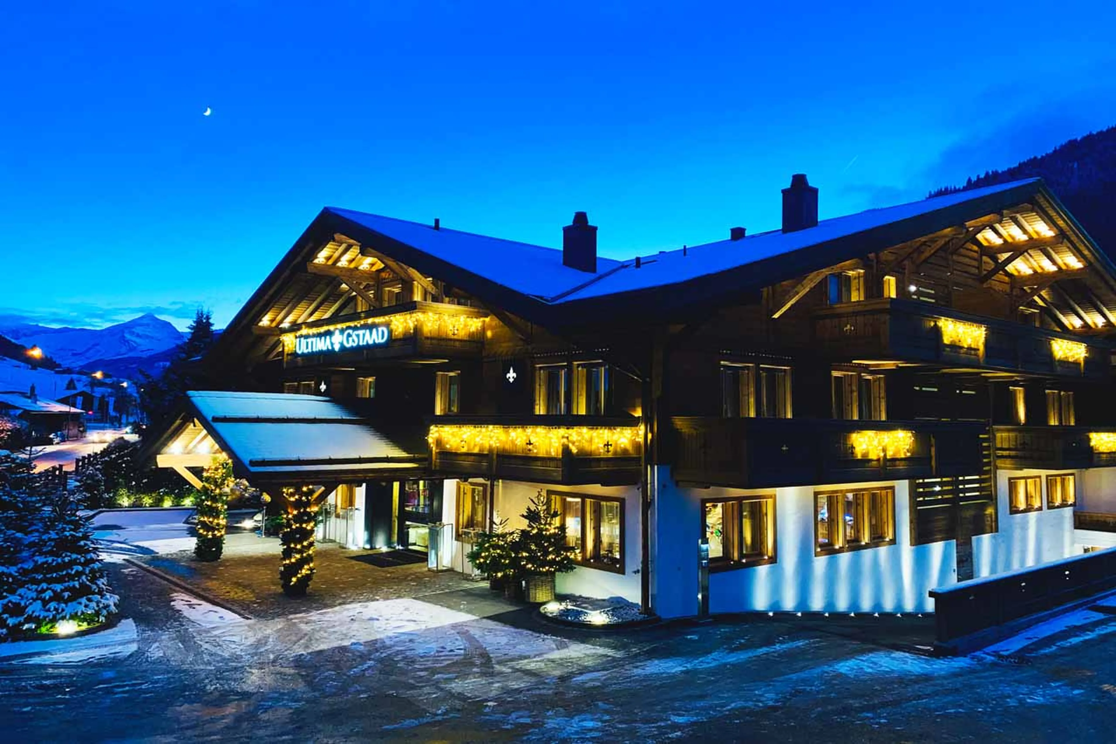 Exterior of Ultima Gstaad Residence at night