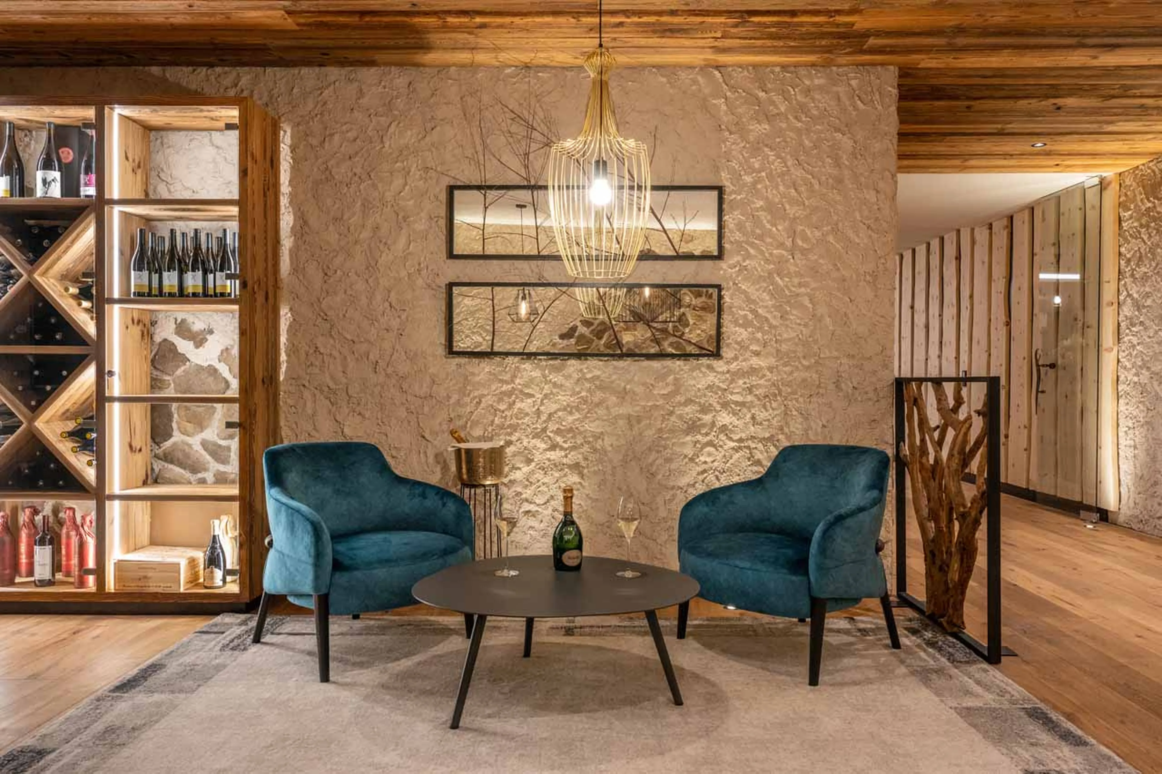 Wine cellar lounge area at Chalet Carolina in Val Gardena