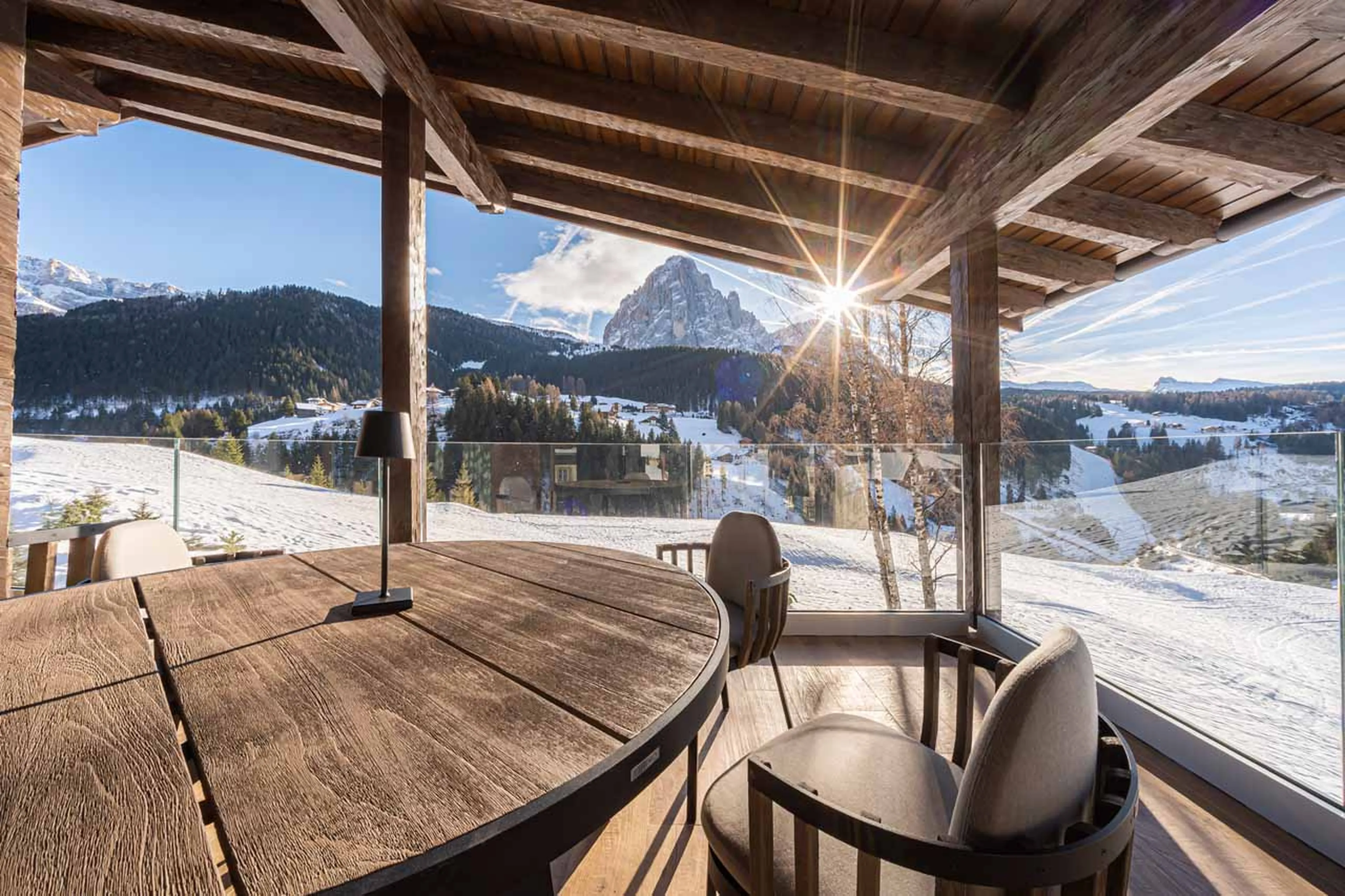 Dining table on first floor terrace at Chalet Carolina in Val Gardena