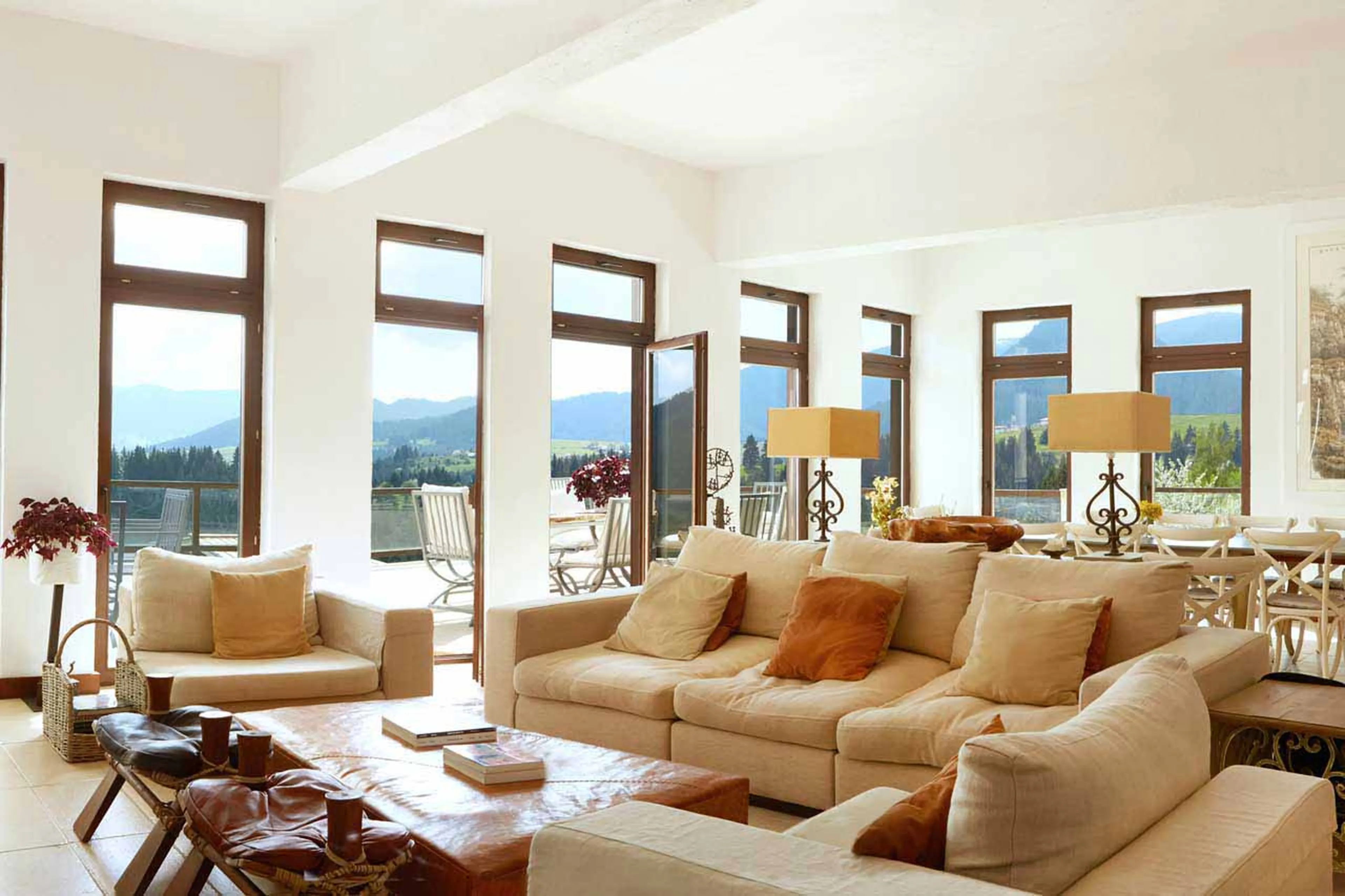 Doors open onto terrace at Villa Gella in the Rhodope Mountains